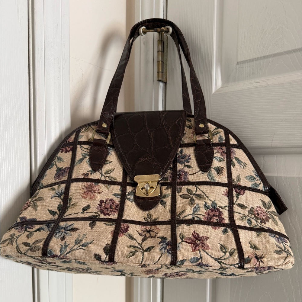 Vintage EUC Floral Tapestry Handbag with Brown Crocodile Accents